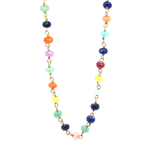 Rosary necklace with rainbow of multi coloured quartz 3-4mm gemstone charms.