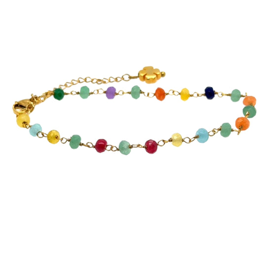 This delicate bracelet is in a rosary style with a rainbow of gorgeous multi-coloured quartz 3-4mm gemstones