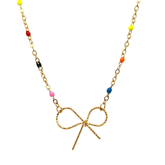 Gold rosary chain with multicoloured enamel and a bow charm in the middle.
