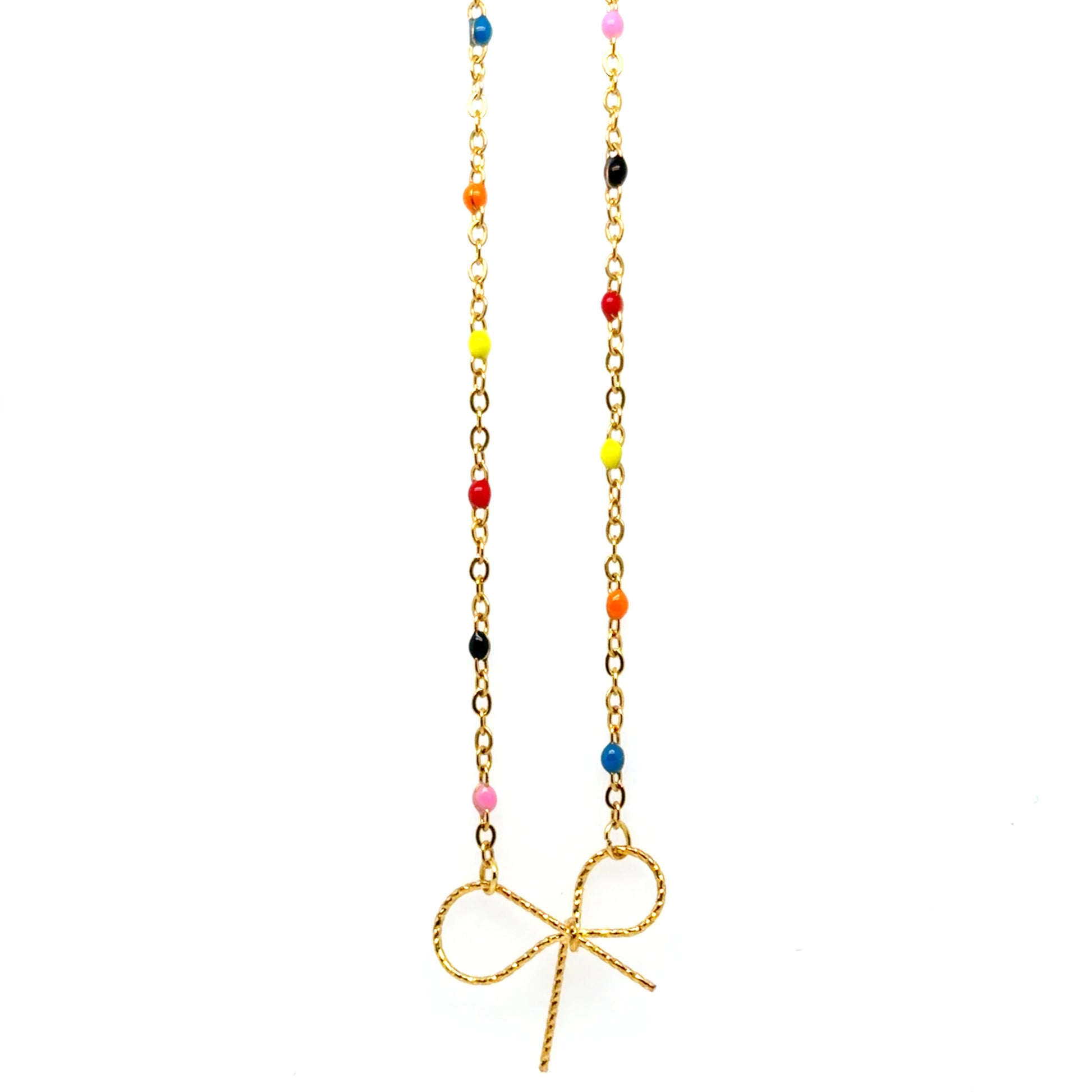 Necklace with colorful beads and a gold bow charm on a white background