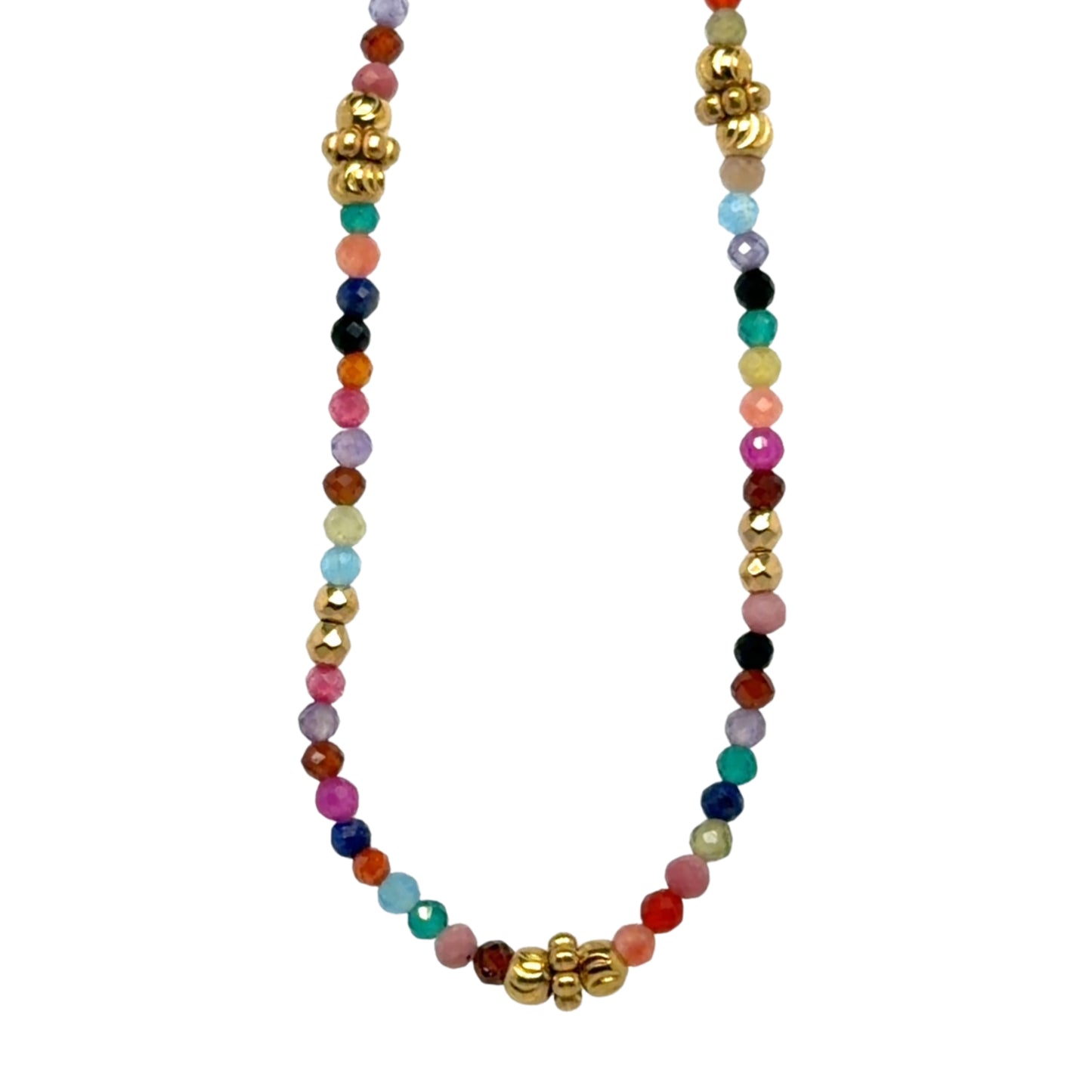 Delicate necklace with rainbow of dark shaded tiny gemstones and gold flowers