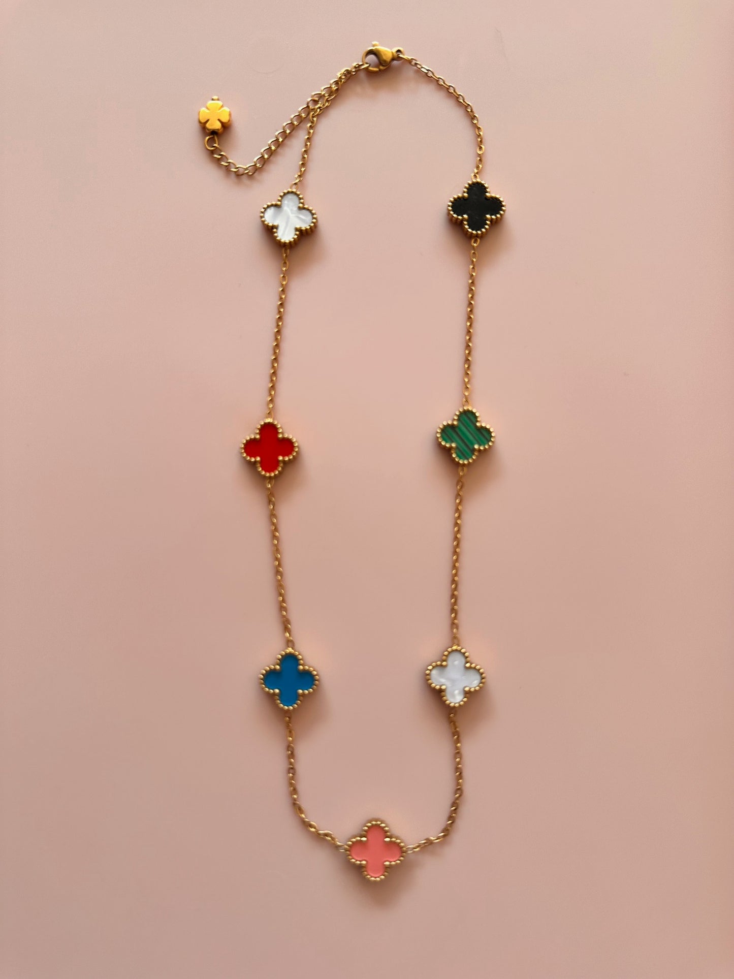 Necklace with Seven Small Clover Charms in Rainbow Colours