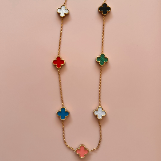 Necklace with Seven Small Clover Charms in Rainbow Colours