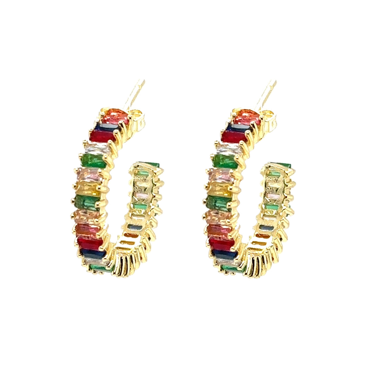 Lovely gold hoops with multi coloured baguette crystals all around