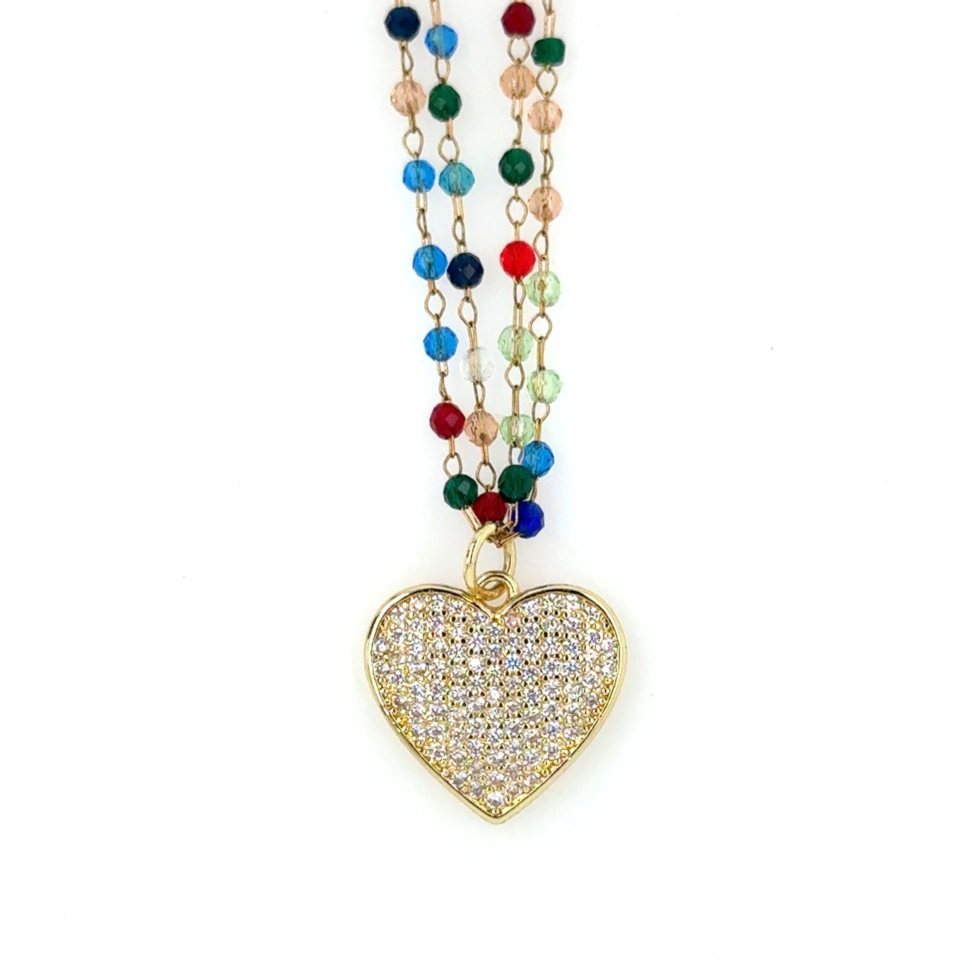 Necklace with two rows of tiny rainbow glass beads and gold sparkly heart charm in the middle