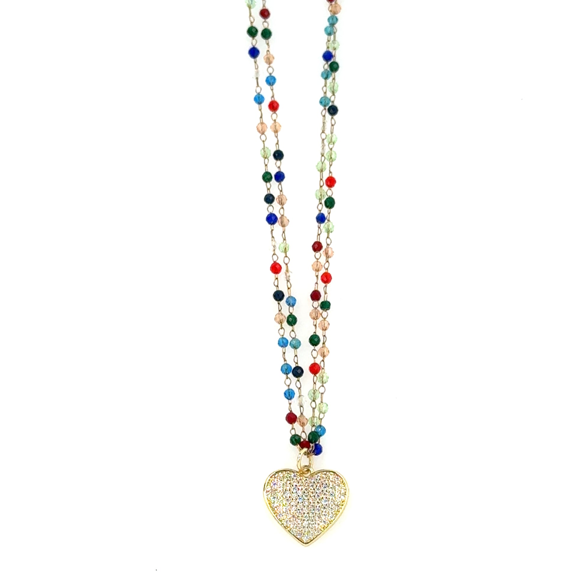 Necklace with two rows of tiny rainbow glass beads and gold sparkly heart charm in the middle with longer chain