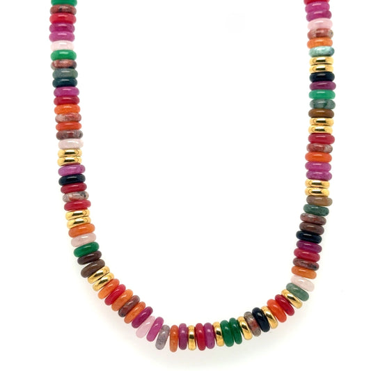 Lovely necklace with rainbow coloured and gold rounded beads