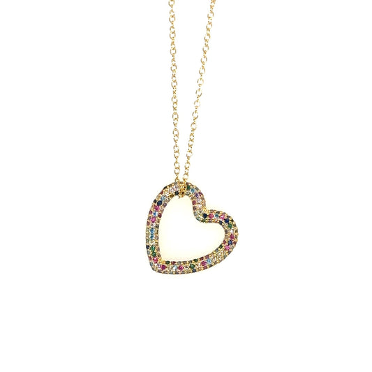 Delicate gold chain necklace with one sparkly heart charm with rainbow zirconia diamonds