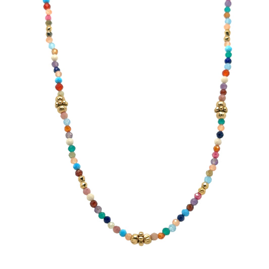 Delicate necklace with tiny multicoloured beads and gold flowers