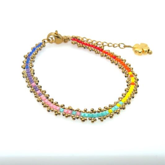 Lovely bracelet with rainbow coloured Miyuki beads woven with gold beads. Lobster clasp with adjustable chain