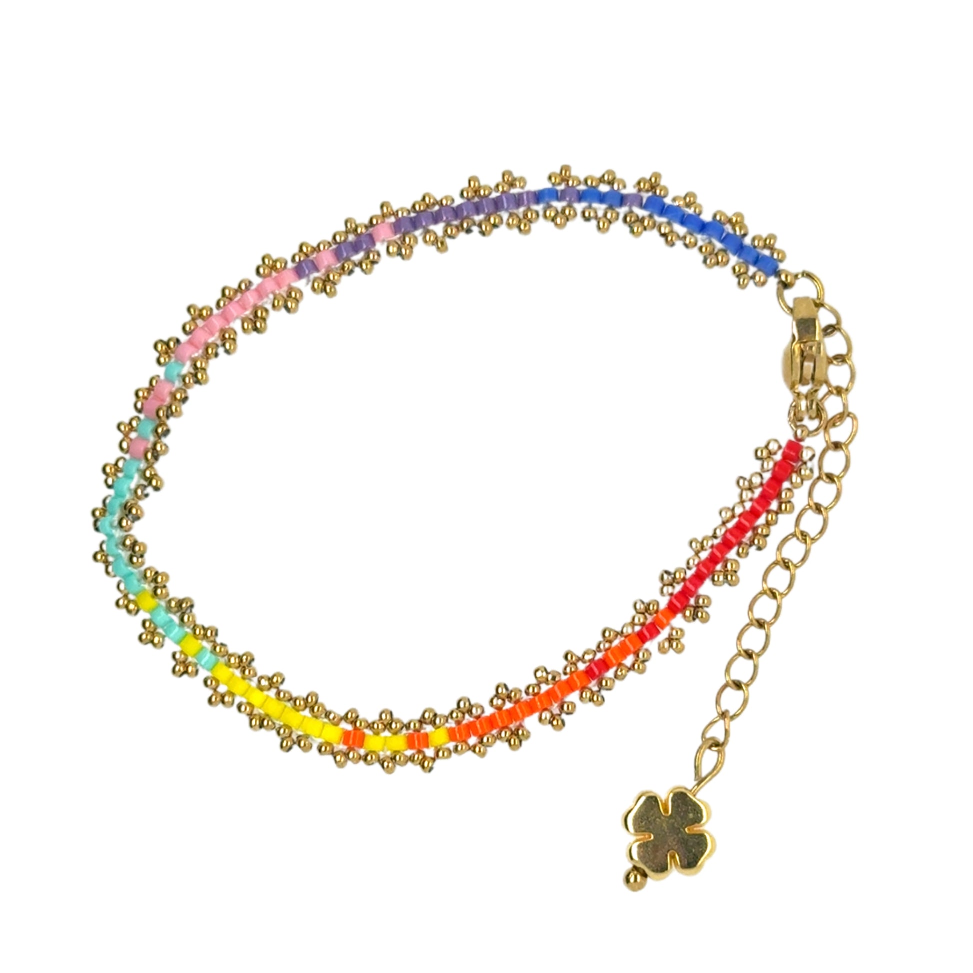 ely bracelet with rainbow coloured Miyuki beads woven with gold beads. 