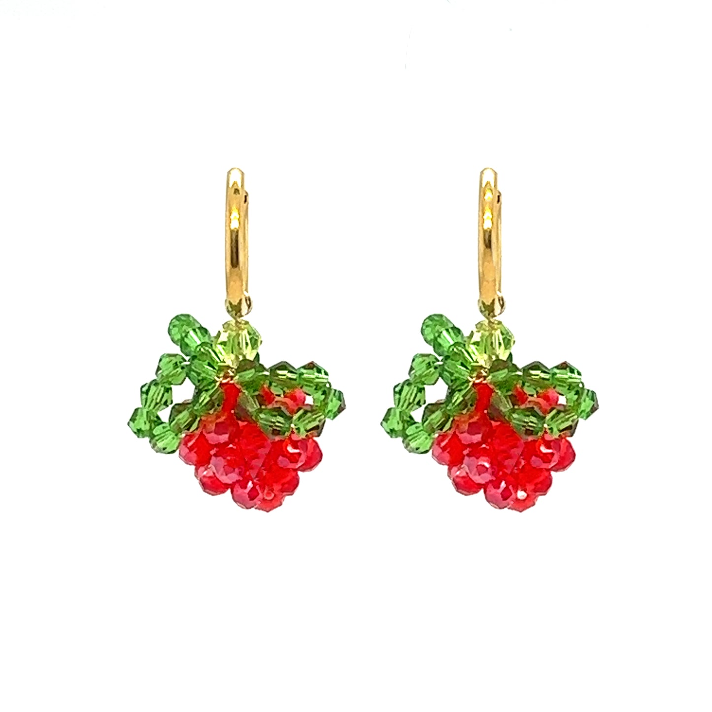 Delicate gold hoop earrings with raspberry beaded charms