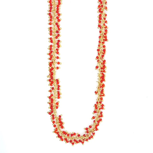 Gold necklace with red agate grape styled small charms all around