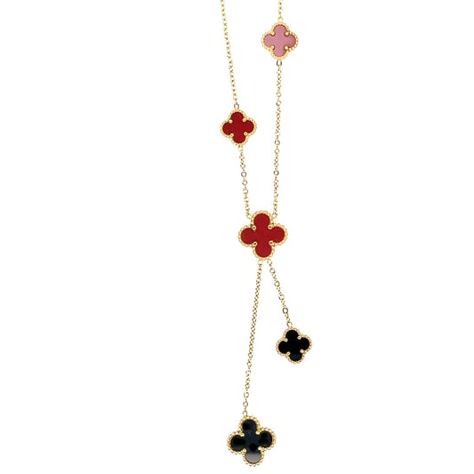 Lariat necklace with five small and medium sized reversible clover charms in black and red