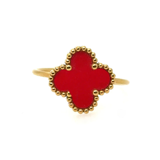 Adjustable gold ring with red clover design