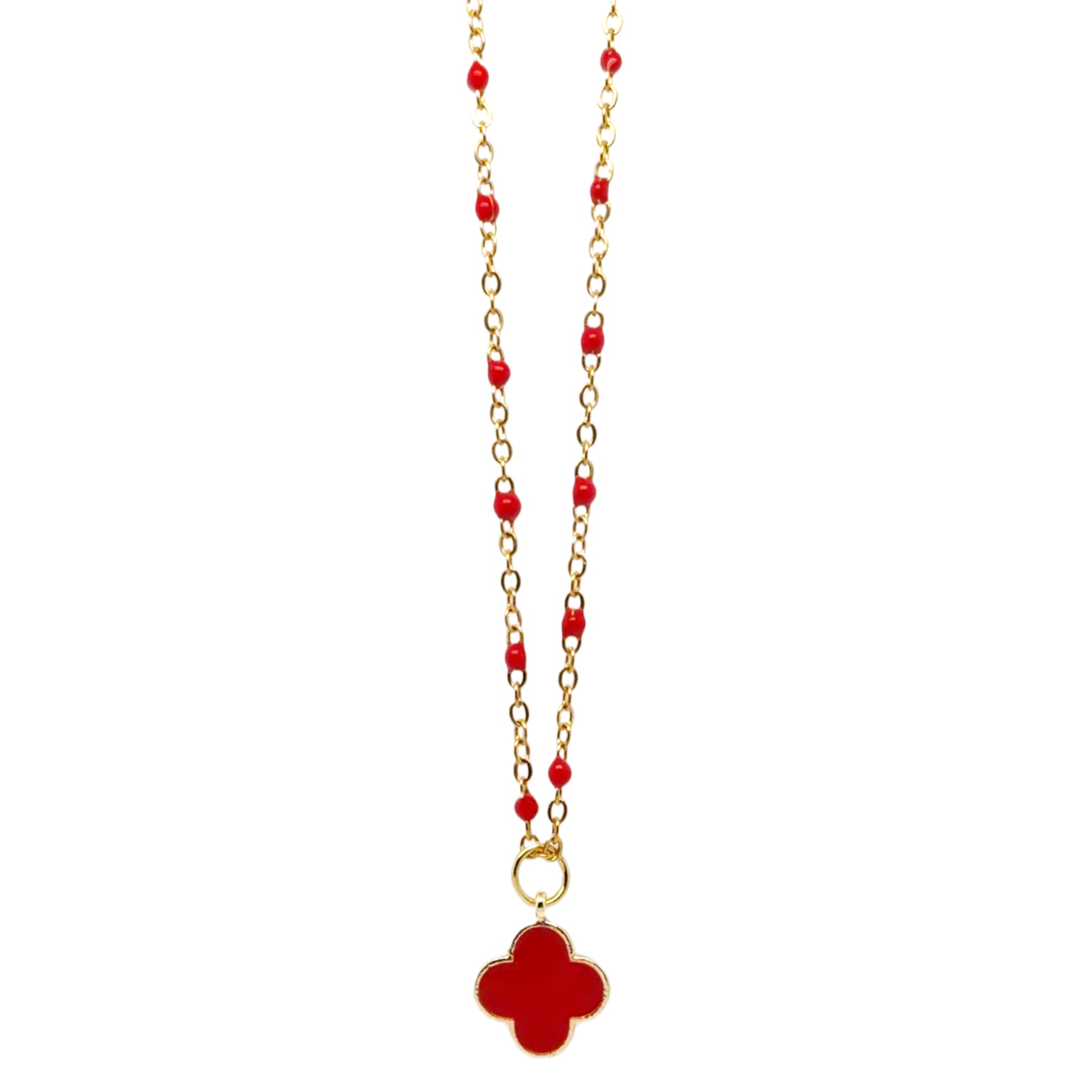 Necklace with red beads and a red clover-shaped pendant on a white background