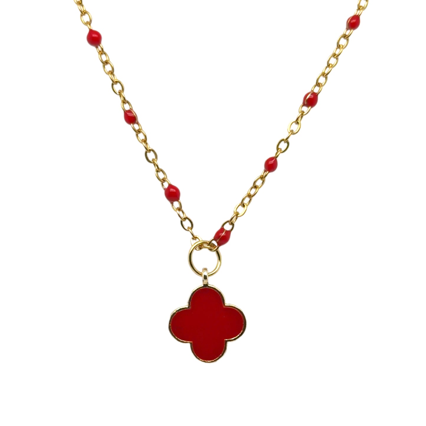 Pretty red enamel and gold rosary chain with a dangling red enamel clover charm