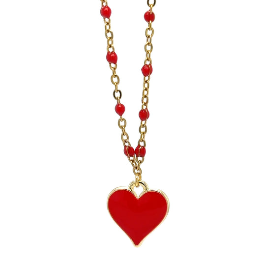 red enamel rosary gold chain necklace with one red enamel heart charm