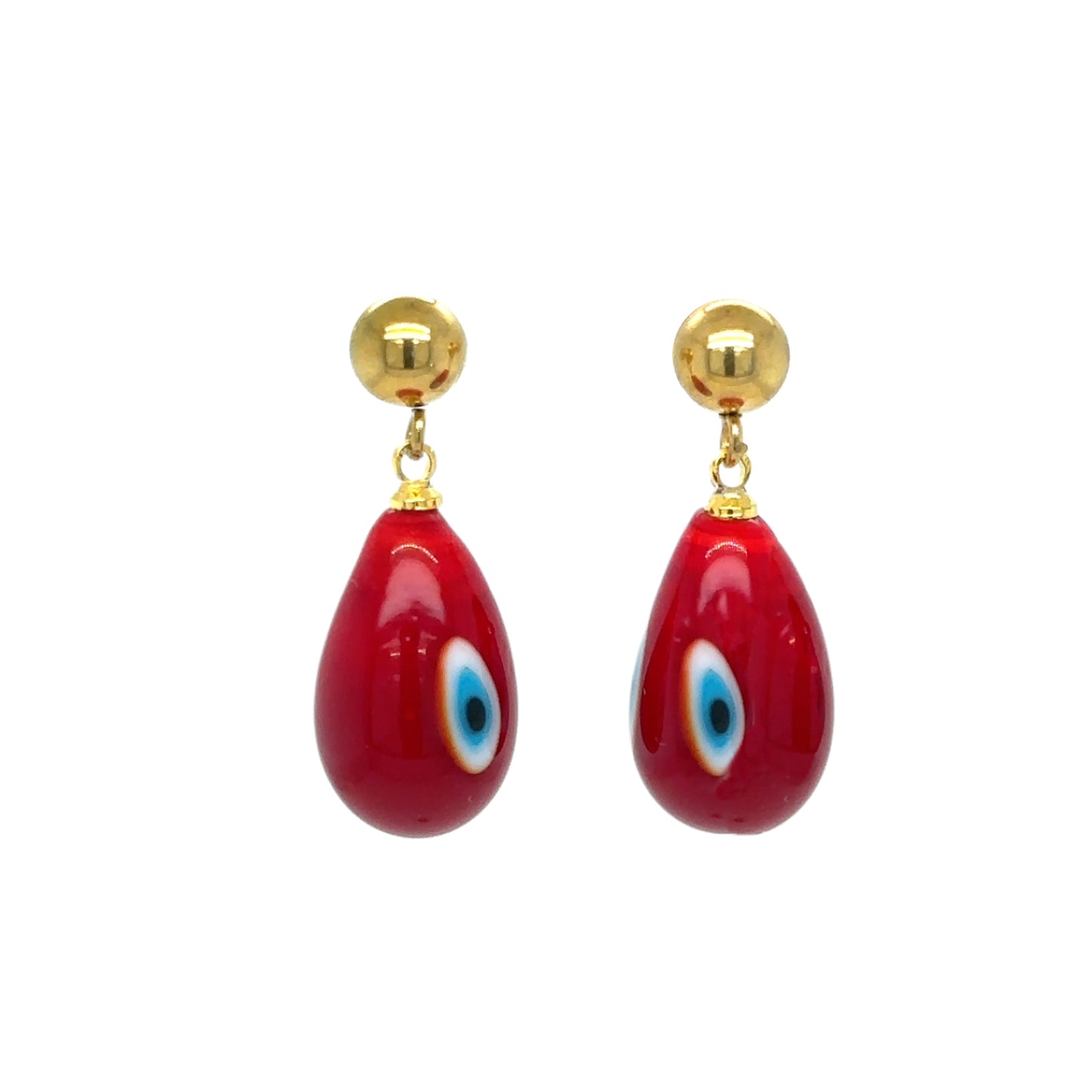 Gold stud earrings with evil eye glass charms in red