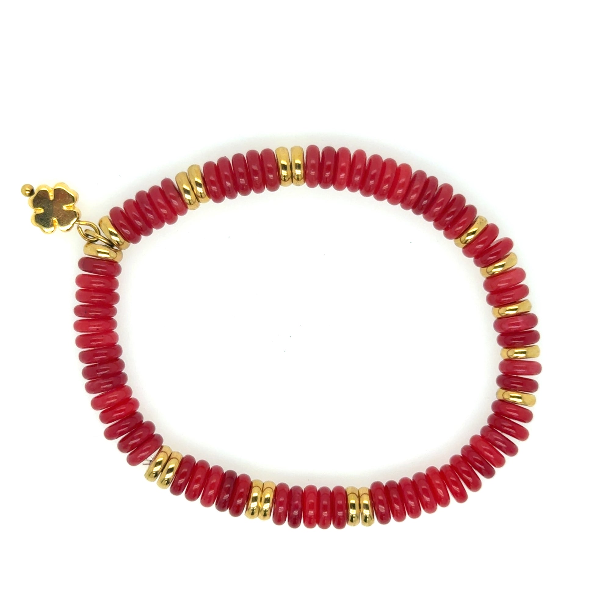 Lovely stretchy bracelet with Red Jasper/gold rondelle flat/smooth beads and a small gold clover charm for good luck