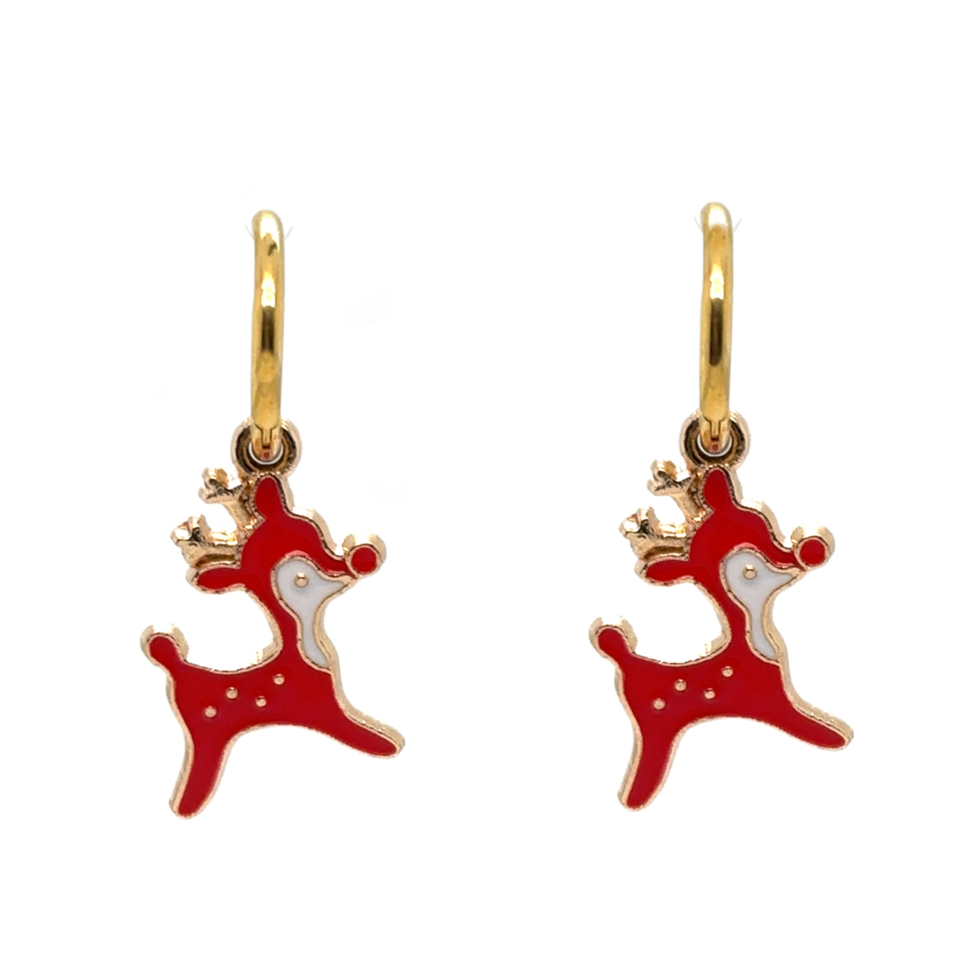 Delicate gold hoop earrings with red reinderr shaped charms