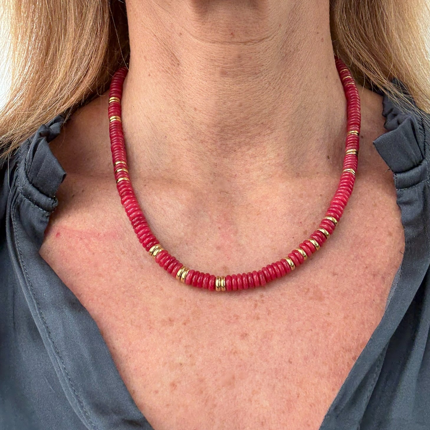 woman weating necklace with Red Jasper rondelle beads