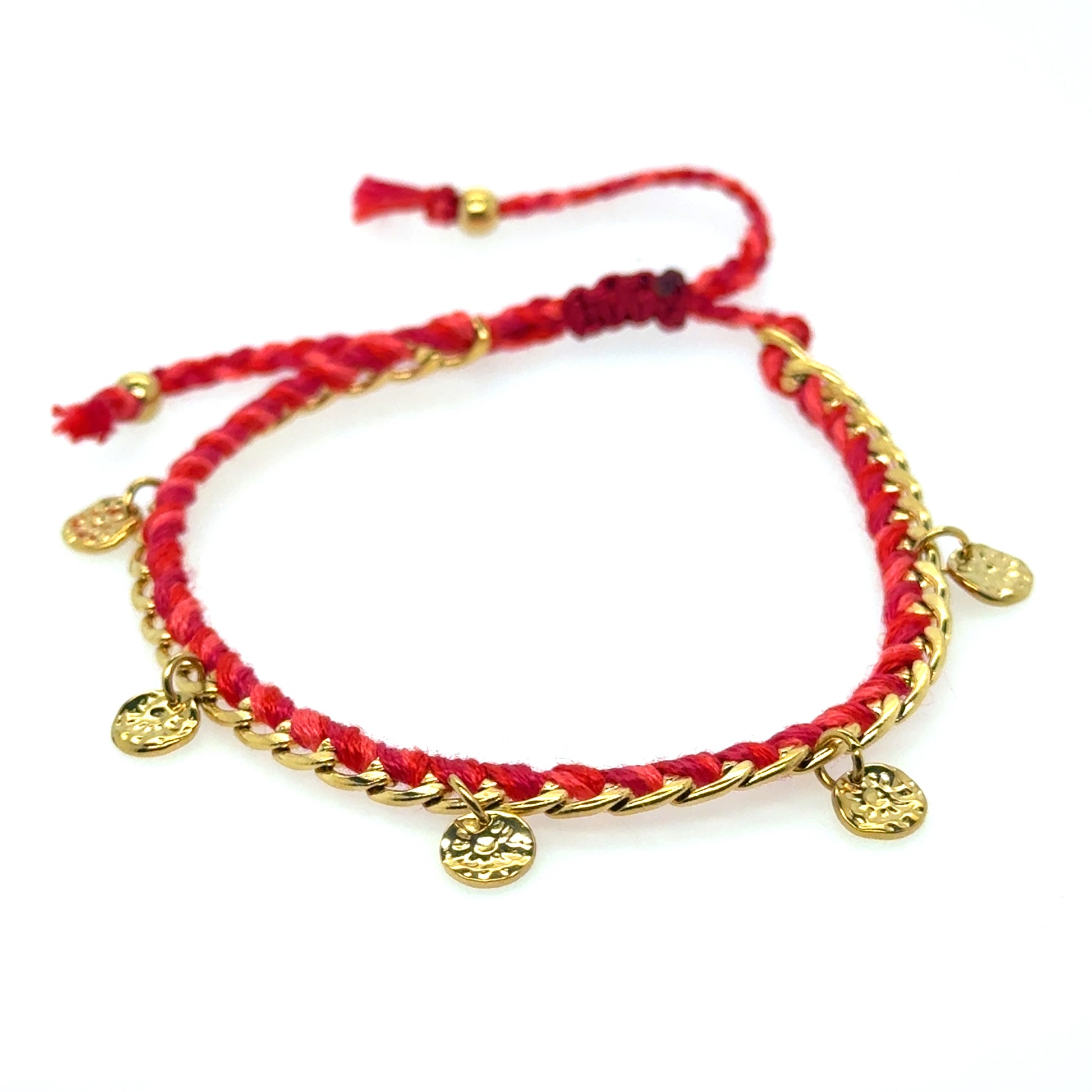 bracelet with gold chain interwoven with red string 
