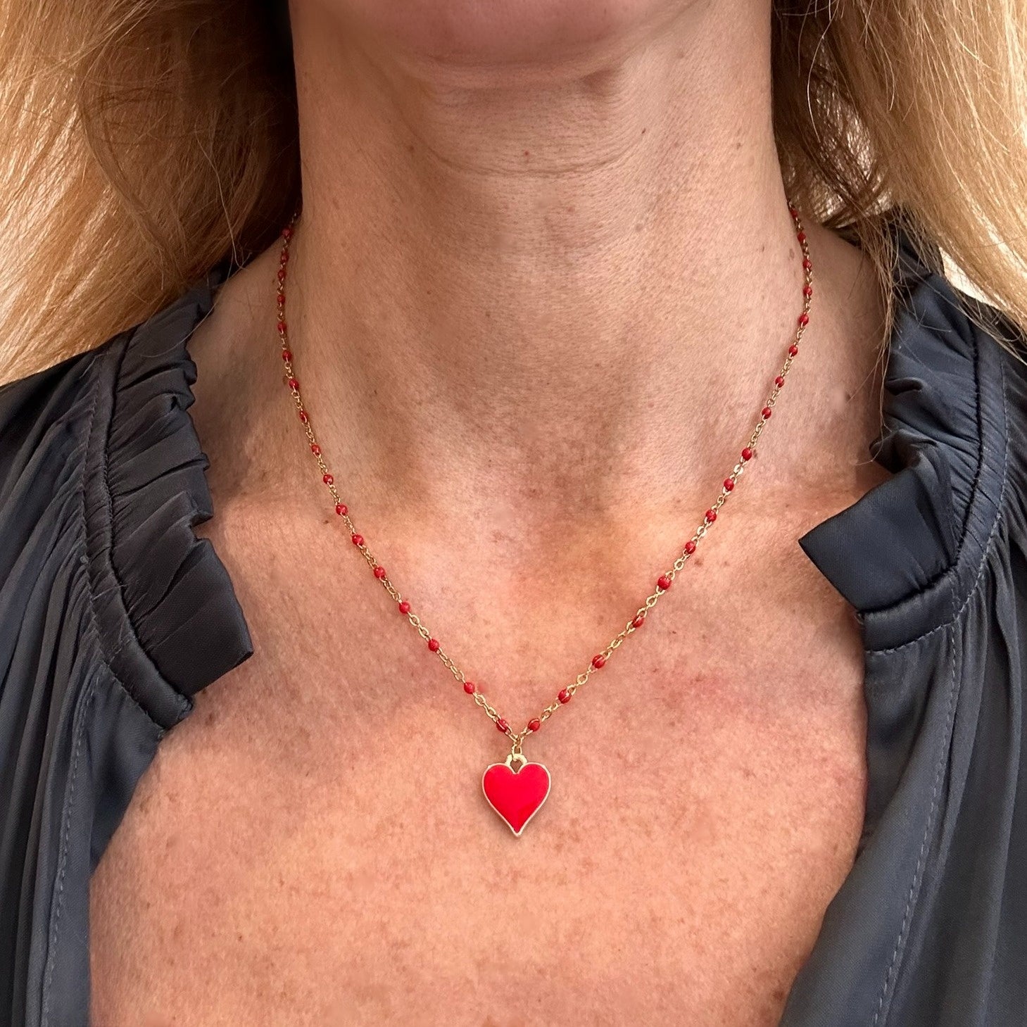 red enamel rosary gold chain necklace with one red enamel heart charm