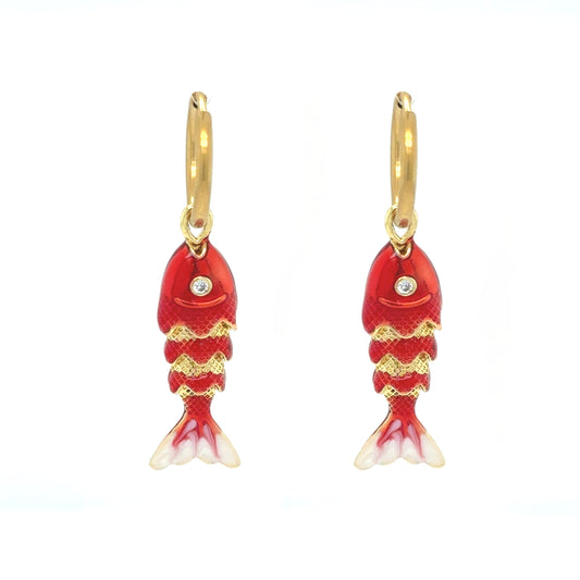 Delicate gold hoop earrings with red moving fish charms