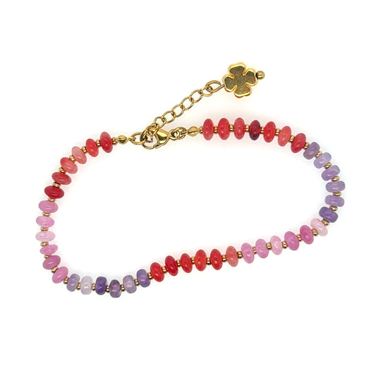 Gorgeous bracelet with oval flat quartz gemstones in red, pink & purple