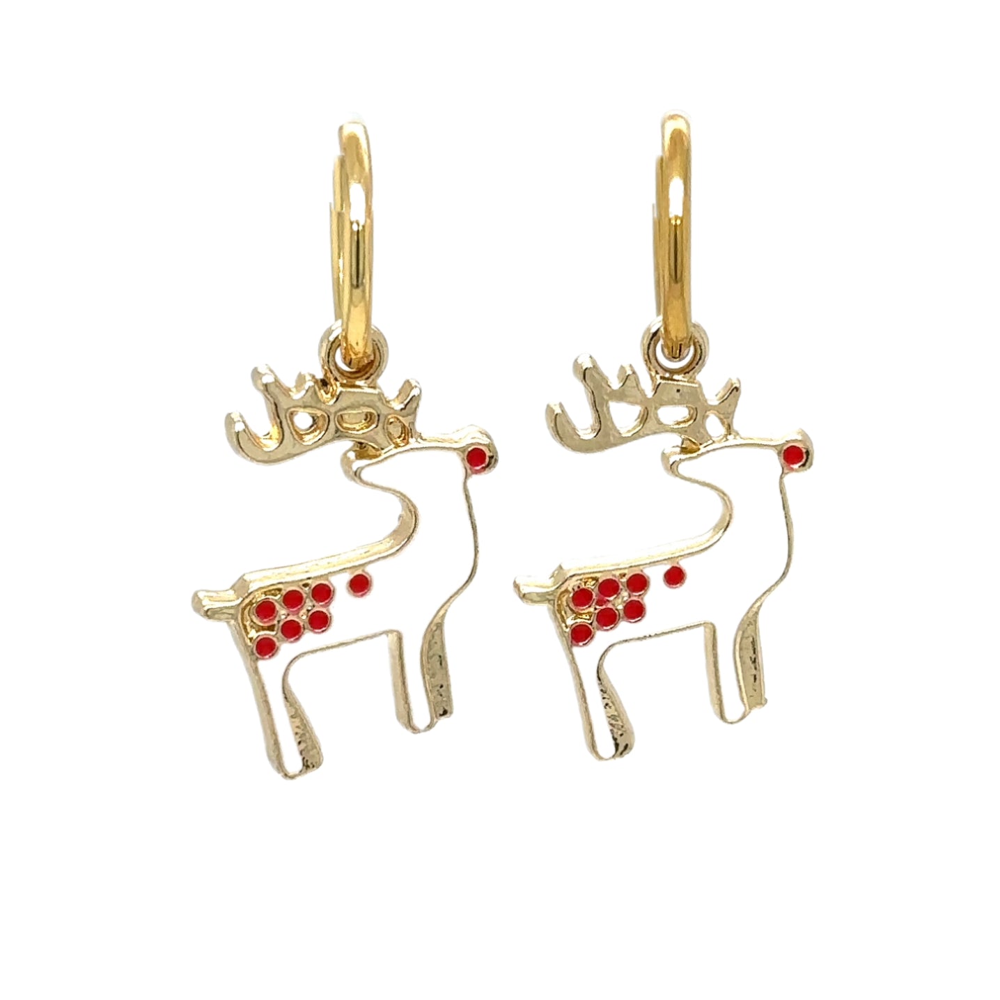 gold hoop earrings with Rudolph the Red Nose Reindeer shaped charms