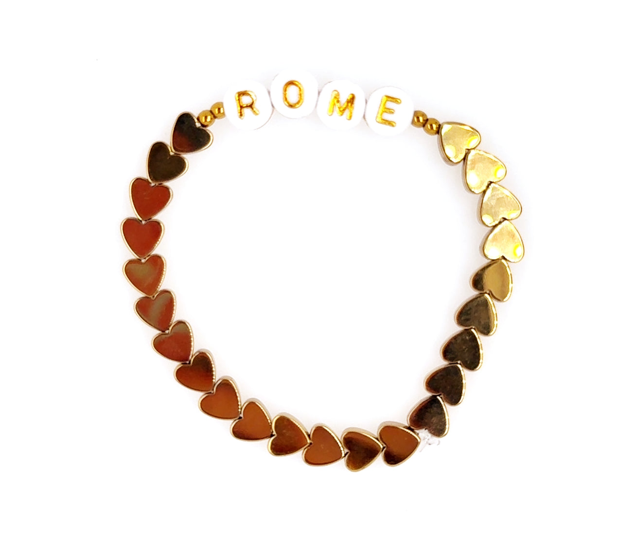 Bracelet with heart-shaped beads spelling 'Rome' on a white background