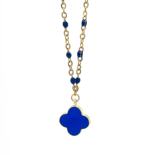 blue rosary gold chain necklace with enamel blue clover charm