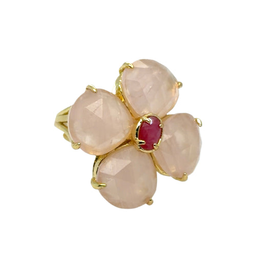 Gorgeous statement ring with Rose Quartz flower and opaque Ruby oval centre