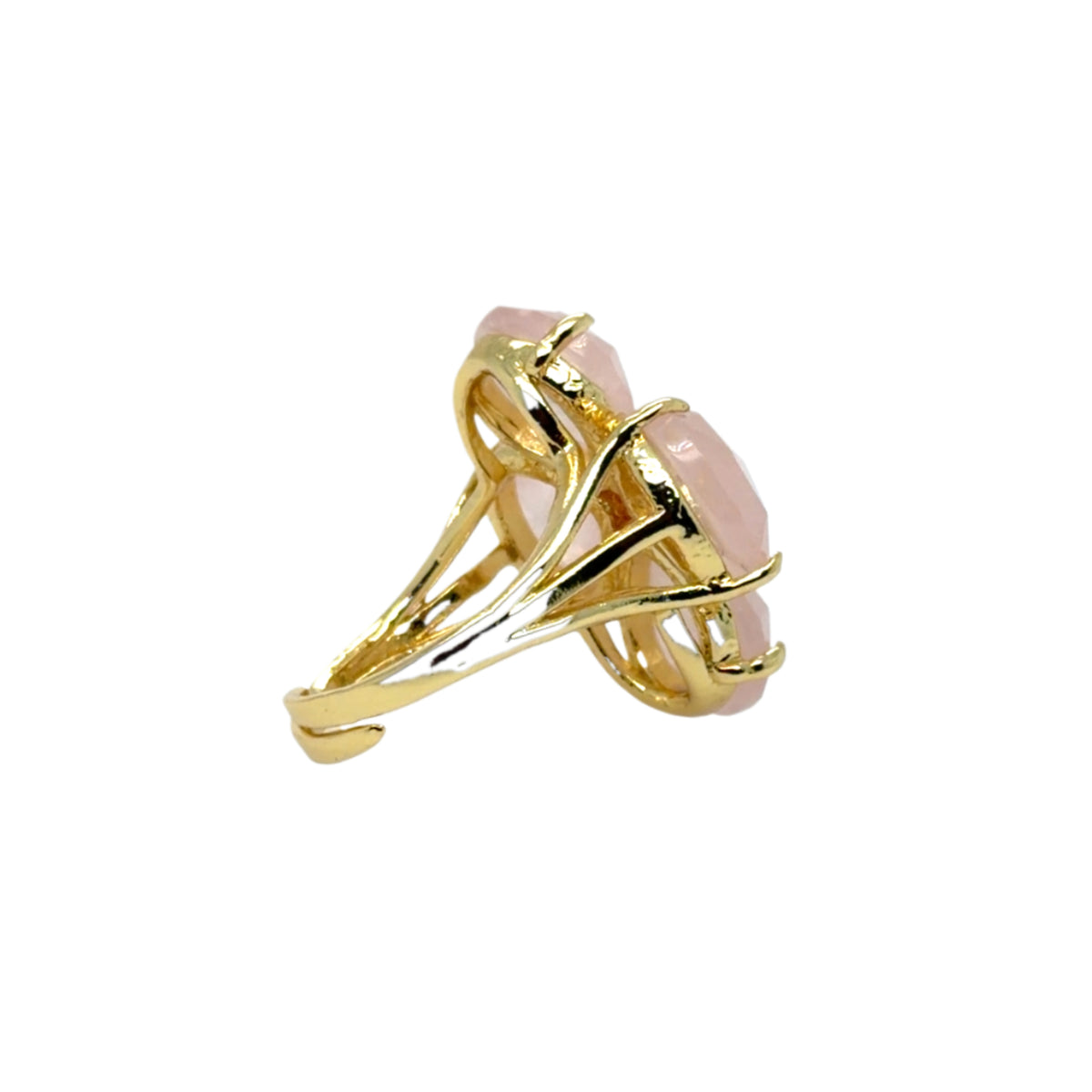 Gorgeous statement ring with Rose Quartz flower and opaque Ruby oval centre seen from the back - adjustable