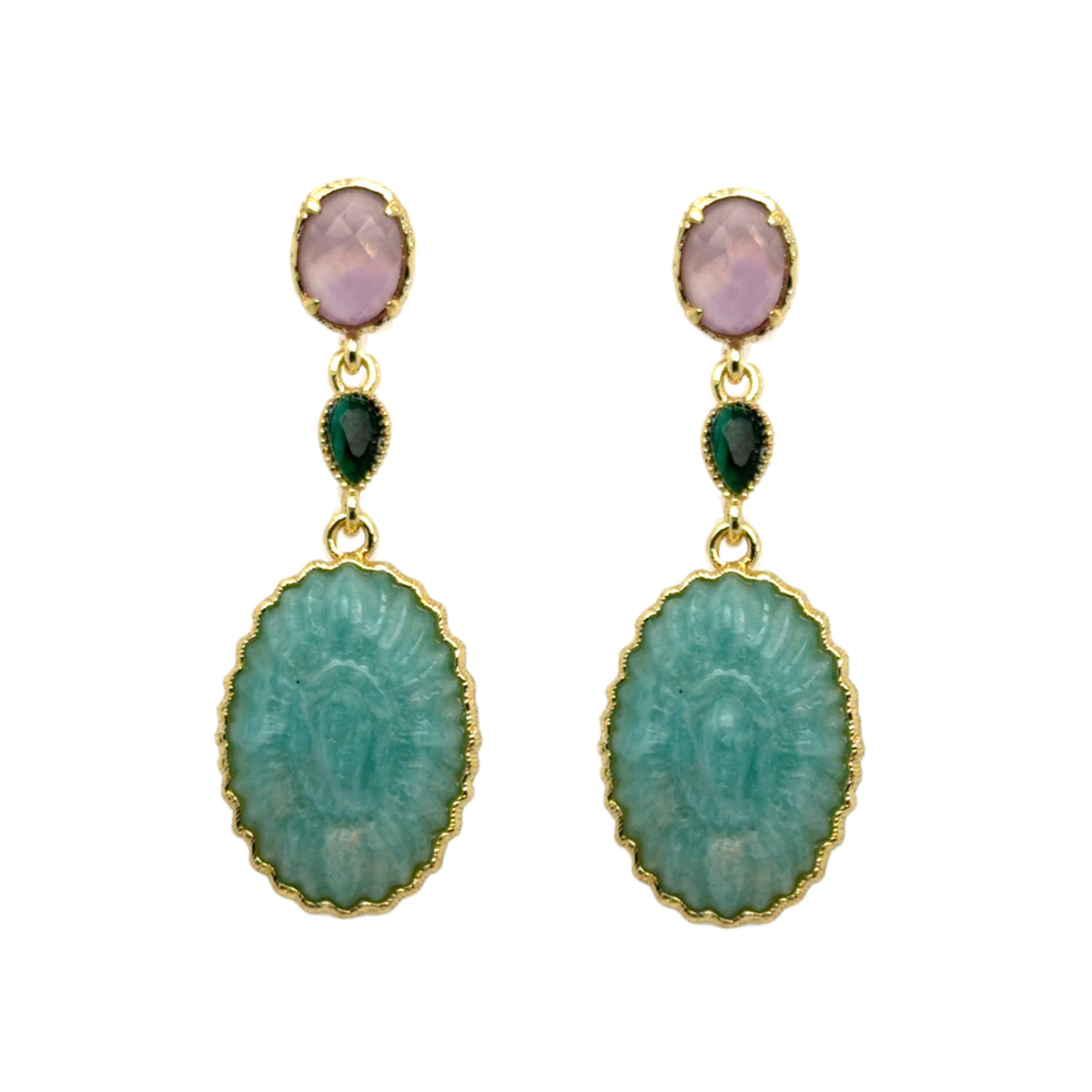 Gorgeous semi-precious gemstone stud earrings with dangling light Amethyst oval, Malachite teardrop and Amazonite oval stones