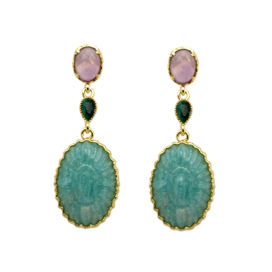 Gorgeous semi-precious gemstone stud earrings with dangling light Amethyst oval, Malachite teardrop and Amazonite oval stones