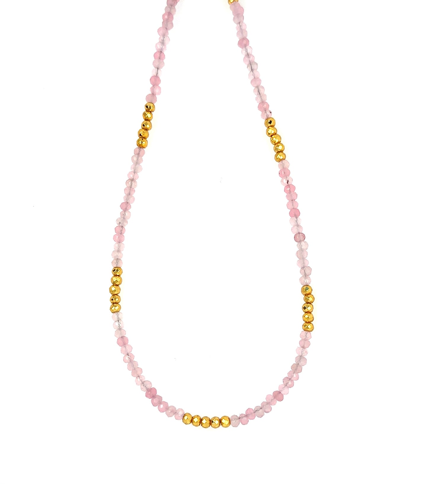 Necklace with pretty pink Rose Quartz beads and bright golden pyrite beads all around