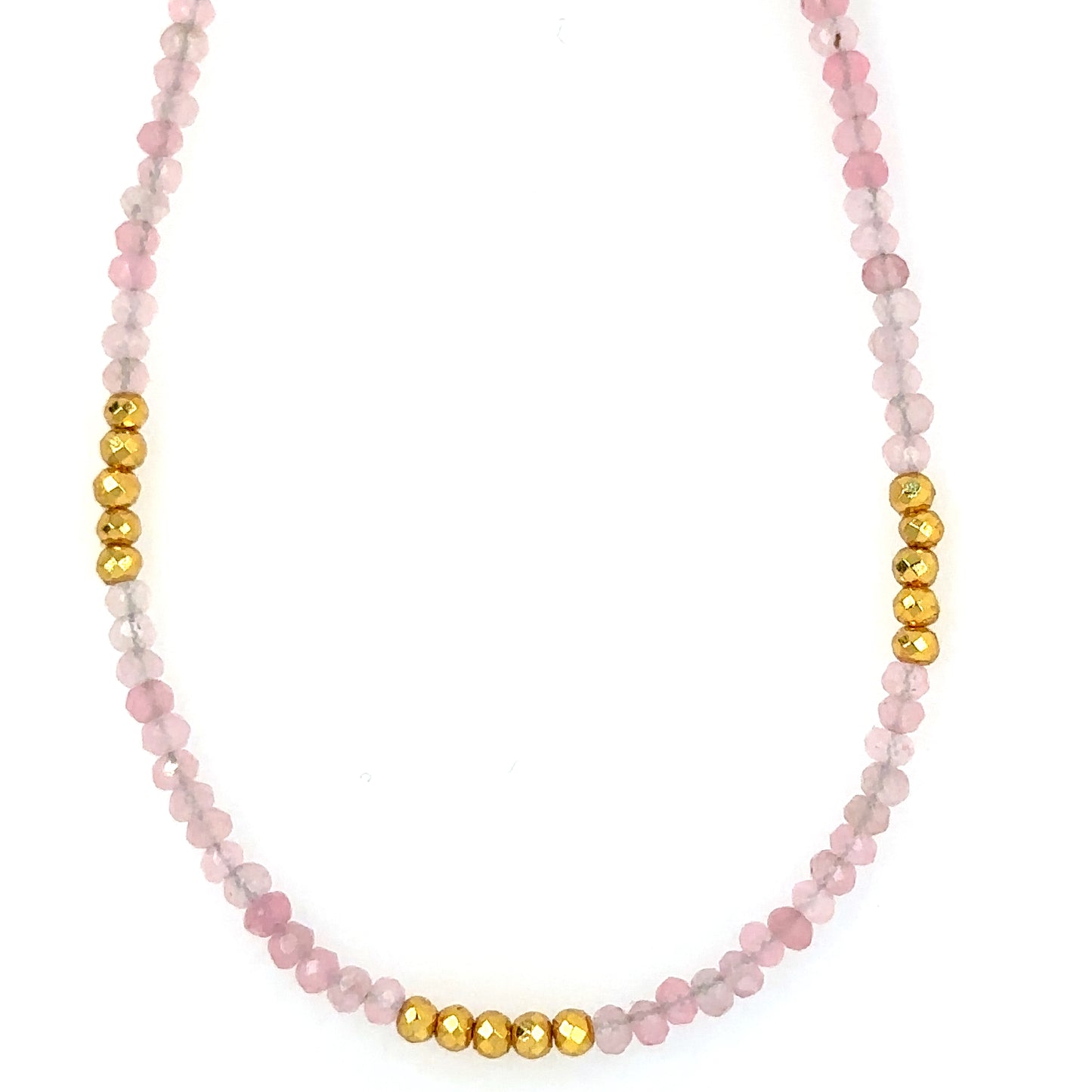 Necklace with pretty pink Rose Quartz beads and bright golden pyrite beads all around close up