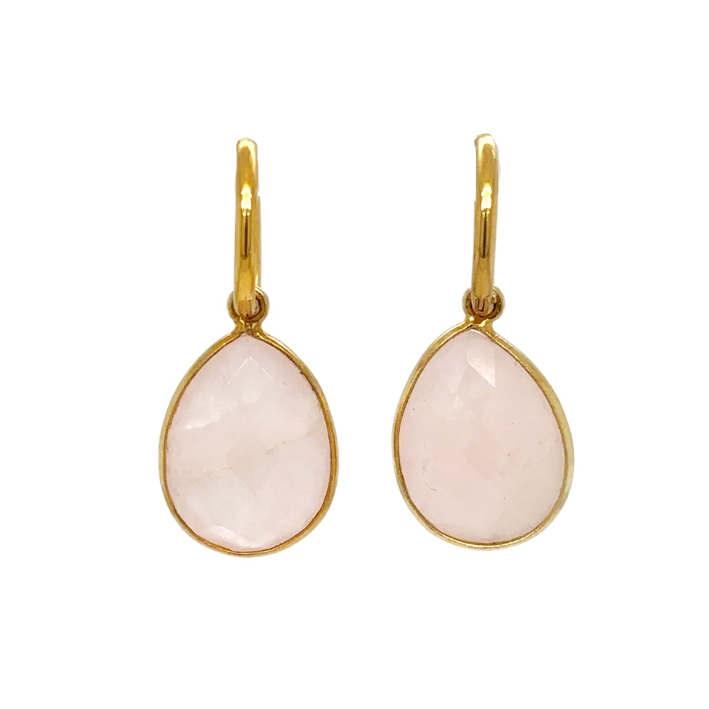 gold hoop earrings with beautiful Rose Quartz semi-precious gemstone teardrop charms