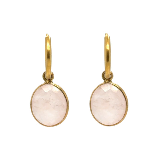 Delicate gold hoop earrings with gorgeous Rose Quartz semi-precious gemstone oval charms