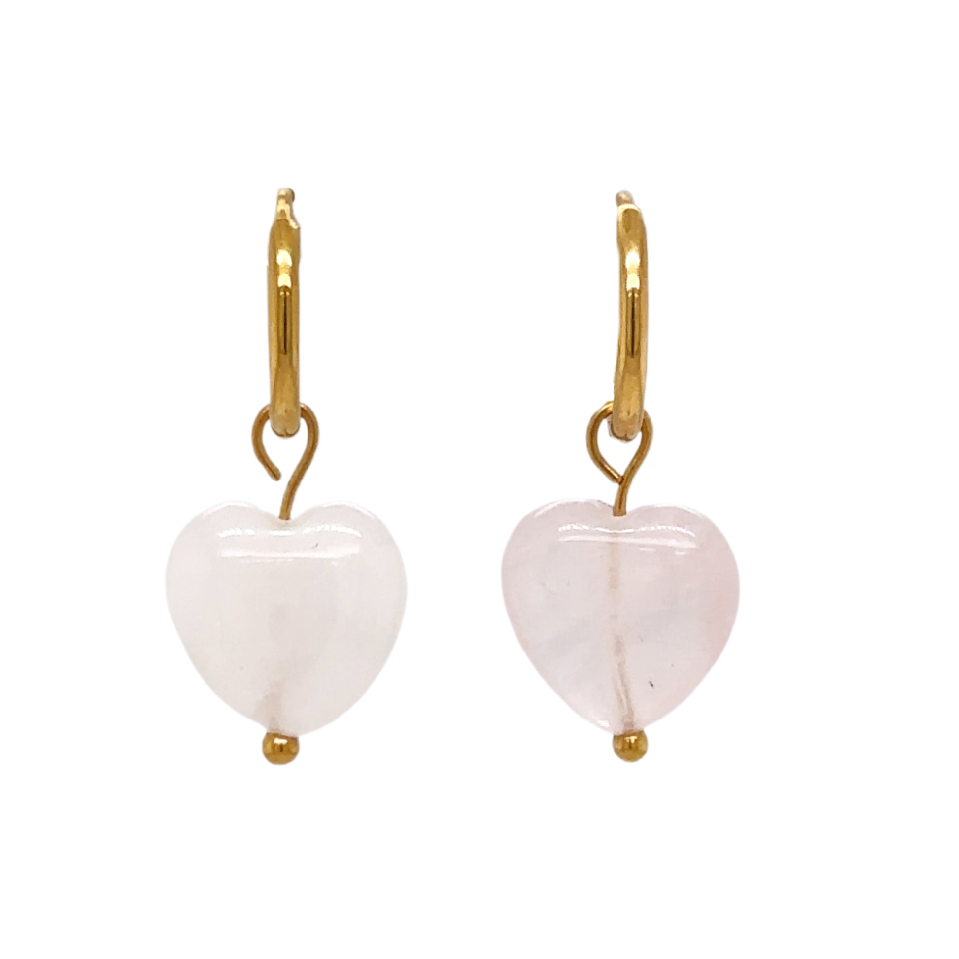 gold hoop earrings with heart shaped charms made of semi-precious Rose Quartz gemstones