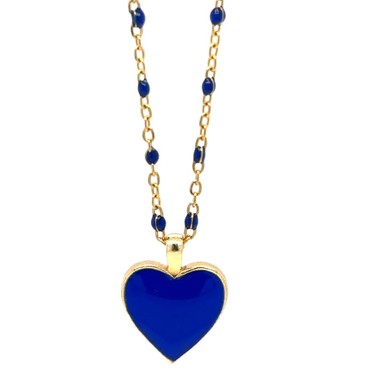 blue enamel rosary gold chain necklace with one royal blue enamel heart charm
