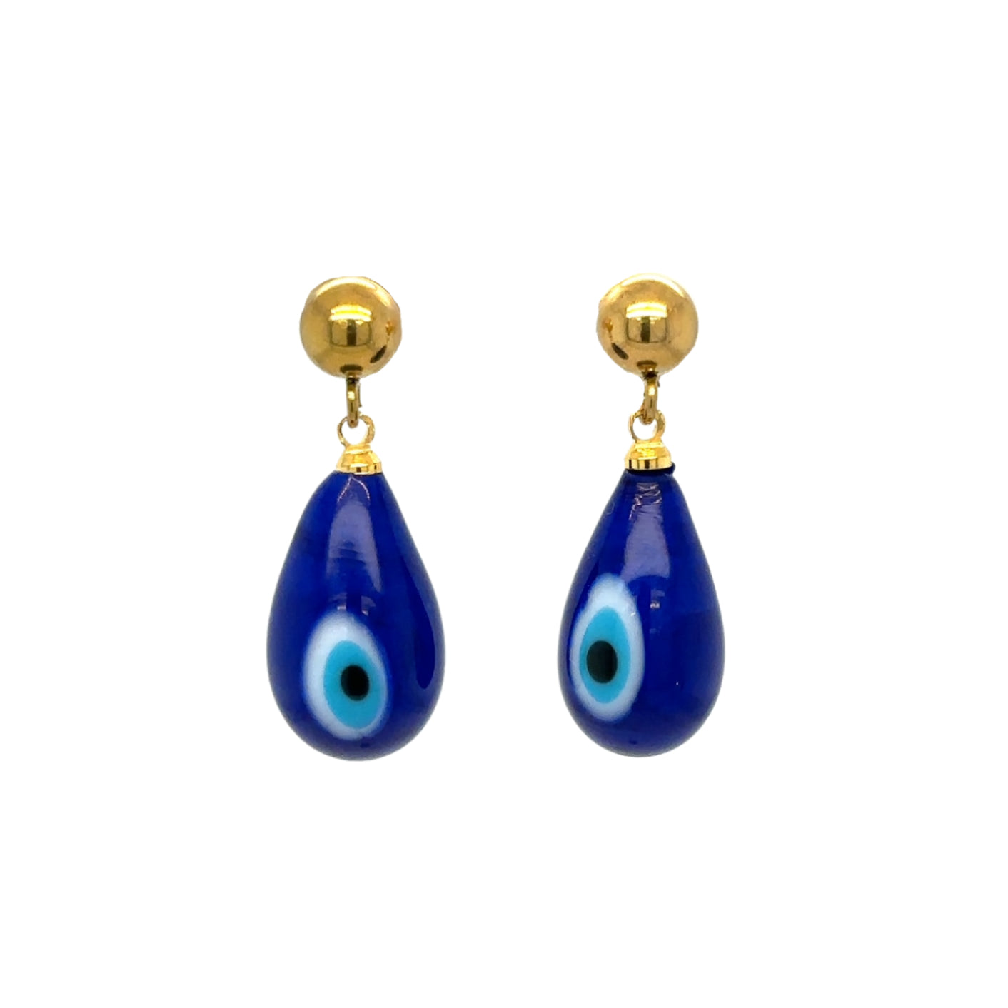 Gold stud earrings with evil eye glass charms in royal blue