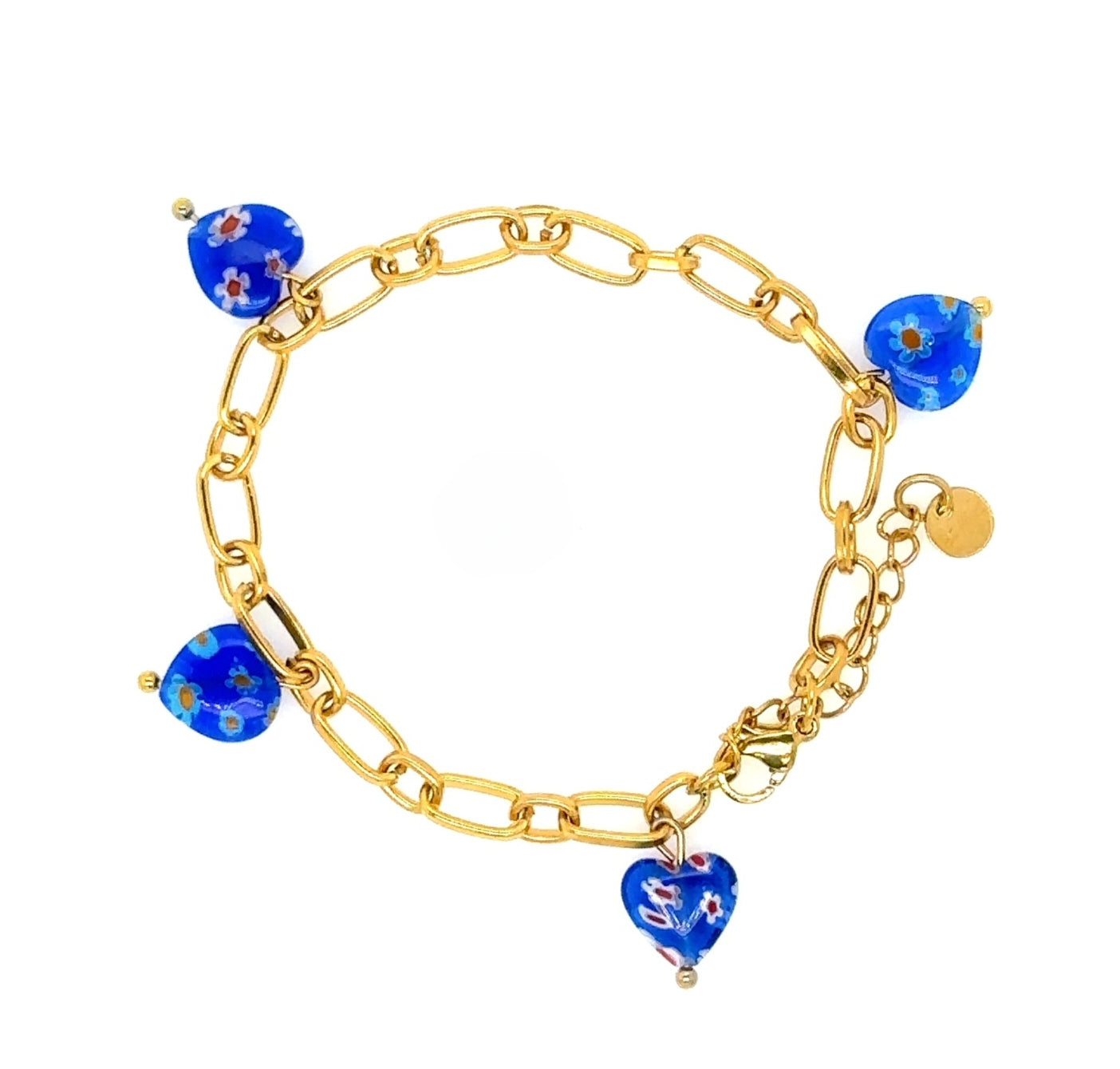 gold oval chain bracelet with royal blue millefiori heart beads