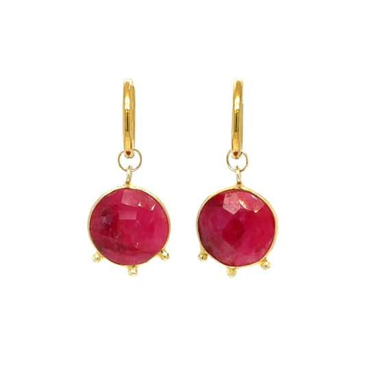 gold hoop earrings with gorgeous Ruby Red semi-precious gemstone round charms made from Sillimanite.