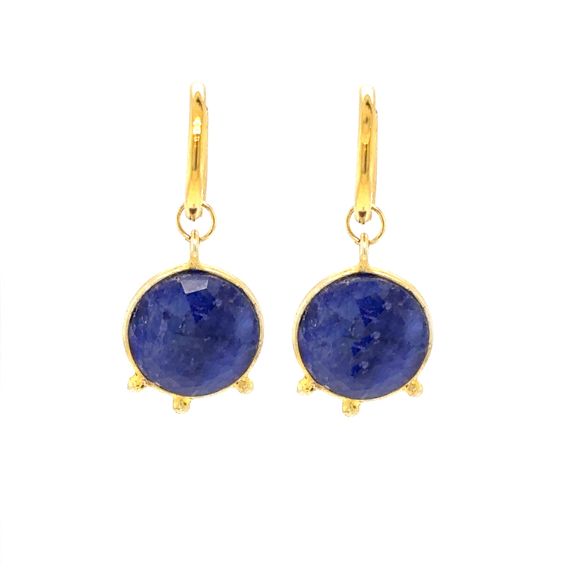 gold hoop earrings with gorgeous Sapphire Blue semi-precious gemstone round charms