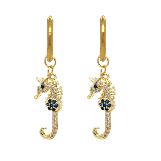 Delicate gold hoop earrings with fun seahorse charms. 