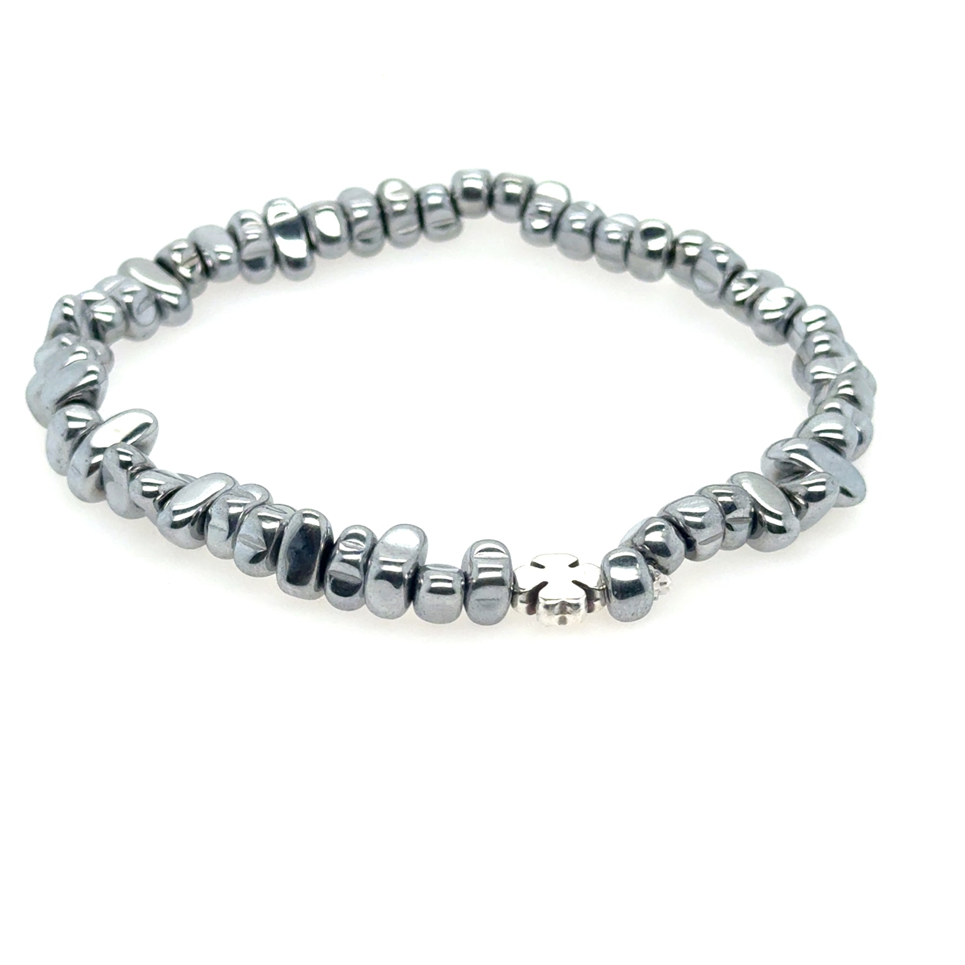 bracelet with silver Hematite beads shaped like pebbles 