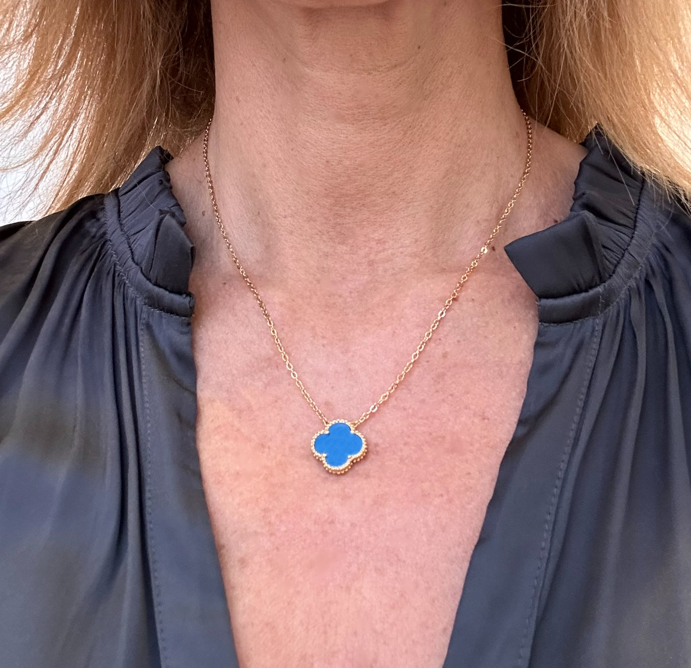 Necklace with Single Clover Charm in Blue